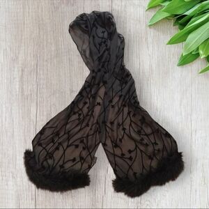Black Sheer Floral Embossed Velvet Scarf with Faux Fur Ends